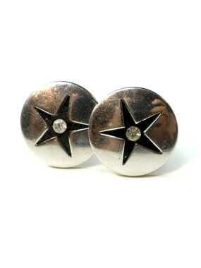 Vintage Swank Black Star Rhinestone Silver Tone Cufflinks Mid Century
